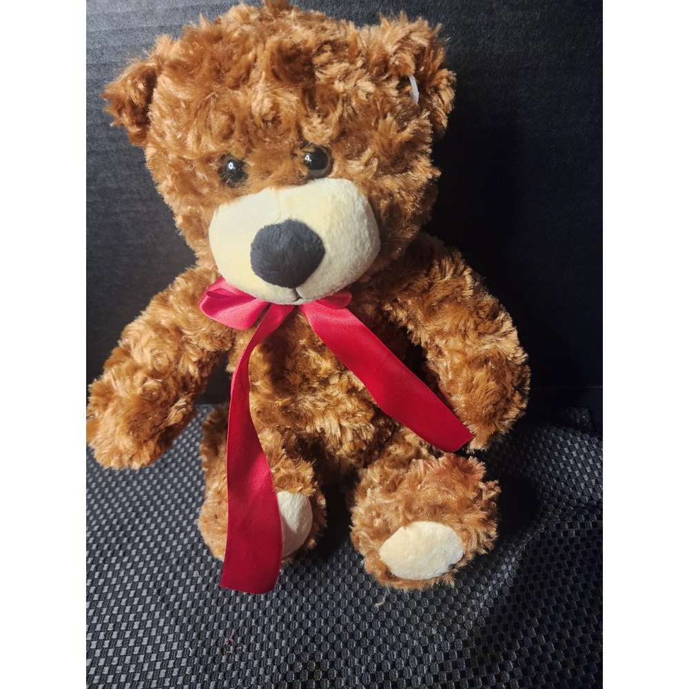 Animal Adventure Brown Curly Fur Teddy Bear Red Ribbon Plush 2013 12 Inch